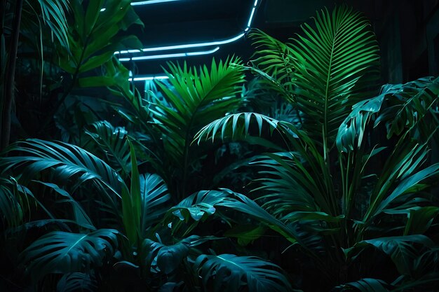 Luz de néon verde e azul com folhas tropicais