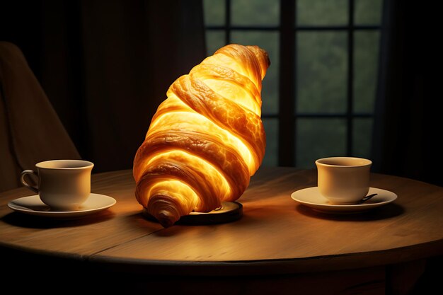 Foto luz de noite ou lâmpada em forma de croissant na mesa