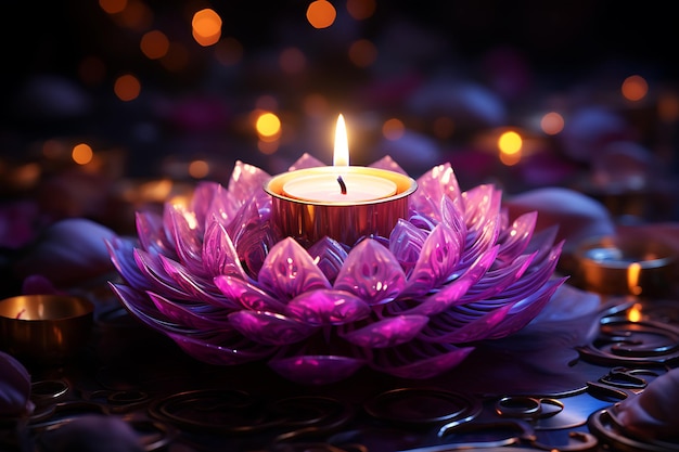 Luz de velas em um castiçal com flor de lótus