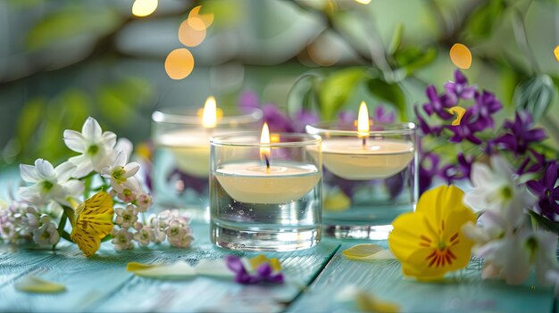 Luz de velas serena com flores florescentes em mesa de madeira