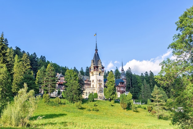 La luz del día vista de lejos al castillo de Peles en Rumania