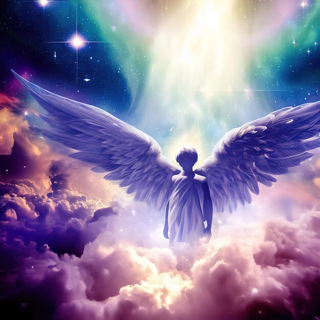 Luz do anjo da guarda cuidando de você, par de asas de anjo douradas com uma luz brilhante entre
