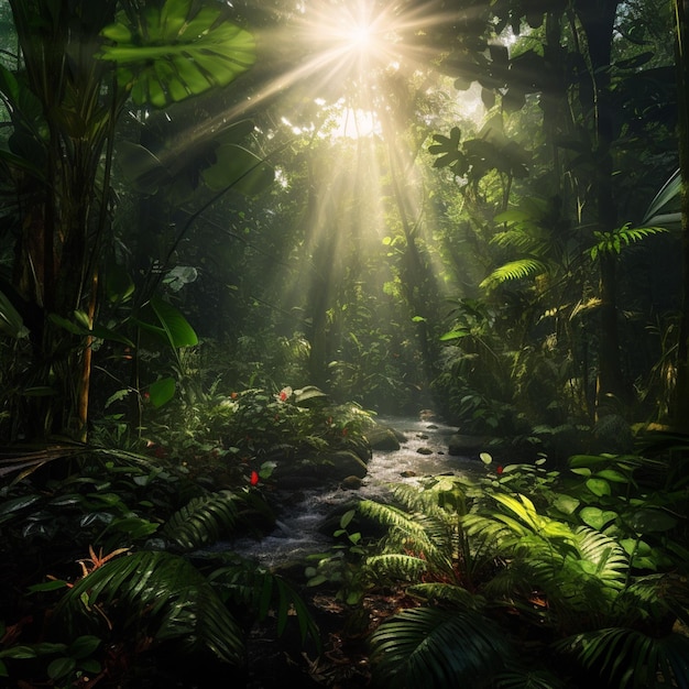 Luz do sol brilhando através das árvores em uma selva tropical generativa ai