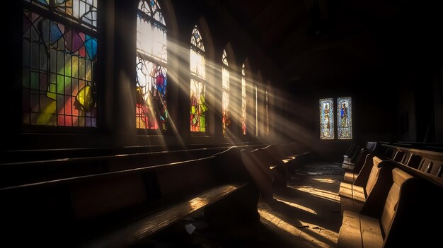 Luz do sol brilhando através dos vitrais de uma igreja