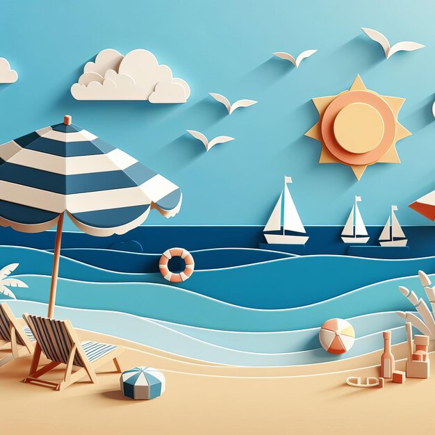 Luz do sol de verão mar a estação mais quente ondas de água papel estilo de artesanato Generative Ai.