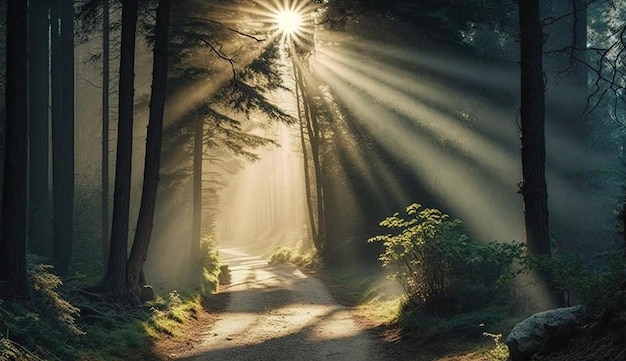 Luz do sol e floresta à tarde Caminho solitário pela vegetação Generative AI