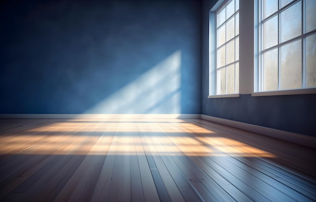 Luz do sol em uma sala vazia com parede azul e piso de madeira Generative ai