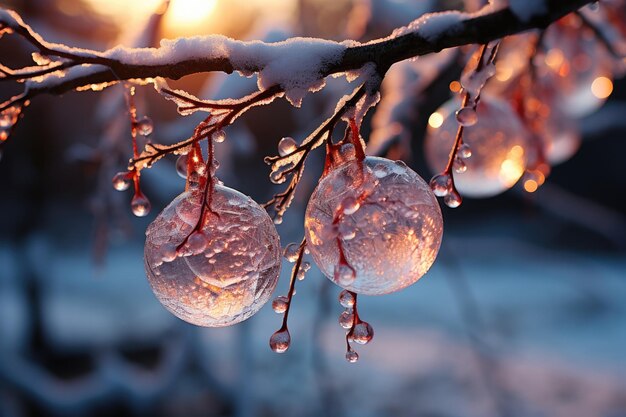 Luz do sol matinal em delicados ornamentos de árvores imagens de Natal feliz