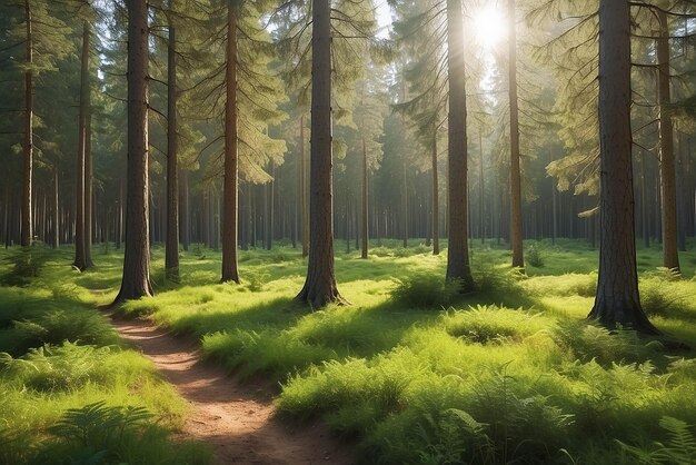 Luz do sol na floresta de coníferas verdes da natureza de verão