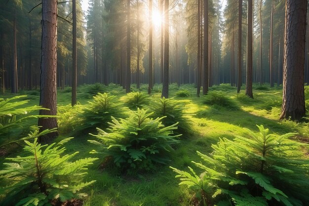 Foto luz do sol na floresta de coníferas verdes da natureza de verão