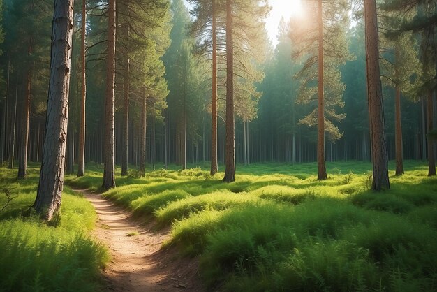 Luz do sol na floresta de coníferas verdes da natureza de verão