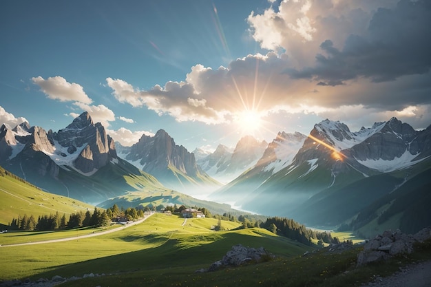 Foto luz do sol no vale alpino com picos de montanhas brilhantes e nuvens cênicas alpes italianas francesas viagens de verão