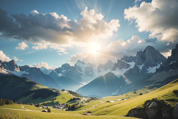 Luz do sol no vale alpino com picos de montanhas brilhantes e nuvens cênicas Alpes italianas francesas viagens de verão