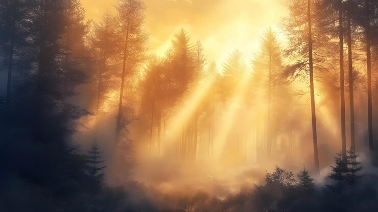 La luz dorada del sol se filtra a través del bosque de niebla