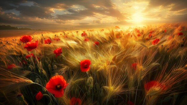 La luz dorada del sol se filtra a través de un dinámico campo de trigo con amapolas rojas creando un sueño borroso