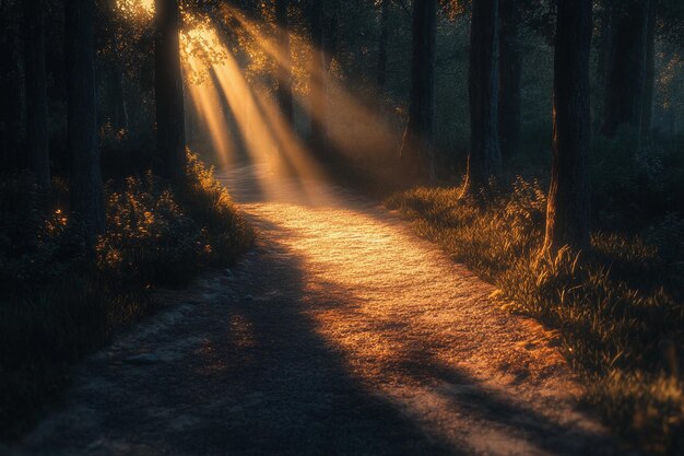 La luz dorada del sol filtrándose a través de los árboles a lo largo de un camino tranquilo del bosque al atardecer AI generativa