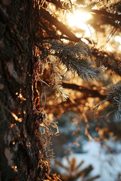 La luz dorada del sol filtrándose a través de las ramas de pino cubiertas de helada