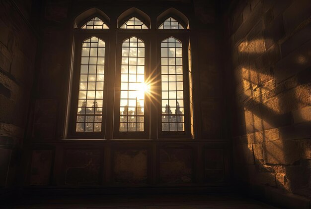 luz dourada brilhando através da janela em um edifício preto