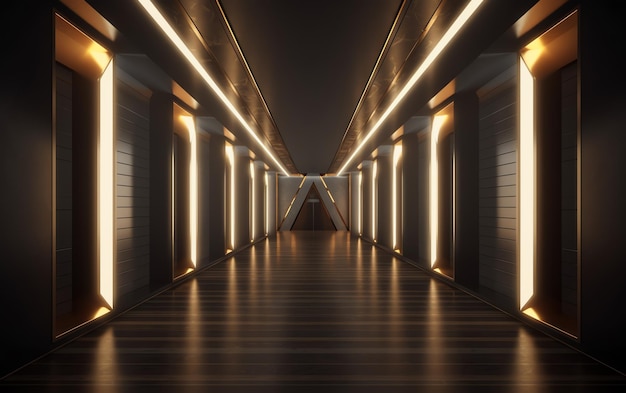 Luz dourada no papel de parede futurista escuro do corredor