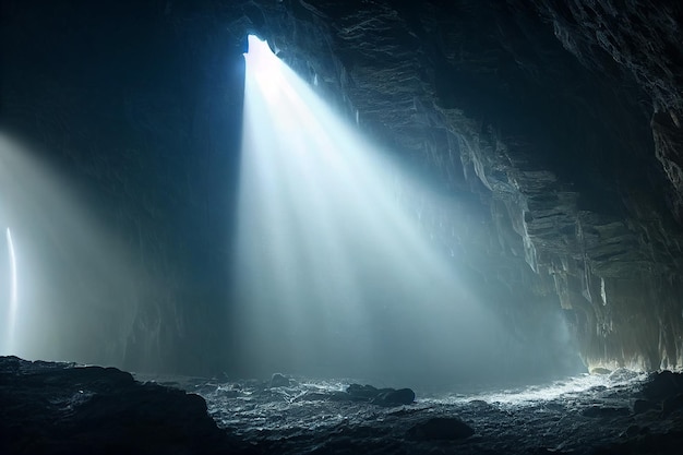 Luz dramática en el paisaje de la cueva oscura estilo de arte digital misterioso y surrealista