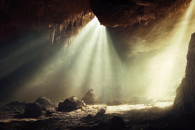 Luz dramática en el paisaje de la cueva oscura estilo de arte digital misterioso y surrealista