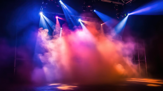 Luz de escenario con focos de colores y humo.