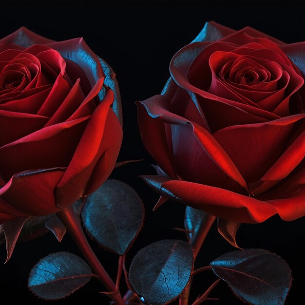 Luz espectral de foto ilumina rosas vermelhas de cor preta e vermelha transparentes arte floral abstrata