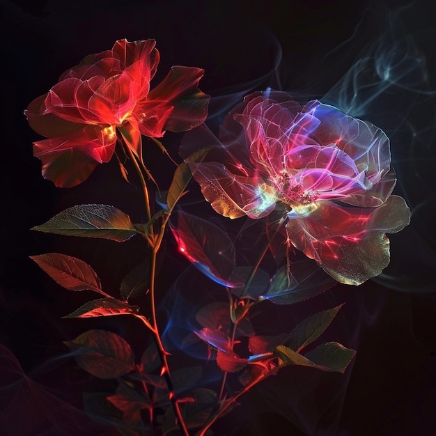 luz espectral de foto ilumina rosas vermelhas de cor vermelha transparente arte floral abstrata