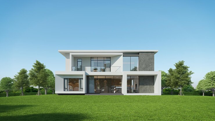 Luz exterior de la casa moderna con césped