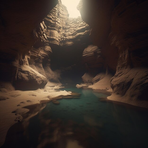 Una luz en el fondo de una cueva se ilumina con un charco de agua azul.