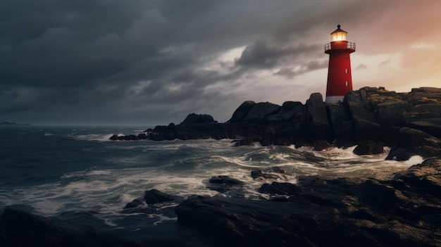Foto una luz guía en mares tormentosos un faro rojo en una cala rocosa iluminando la noche en medio de nubes oscuras y furiosas y mares tempestuosos