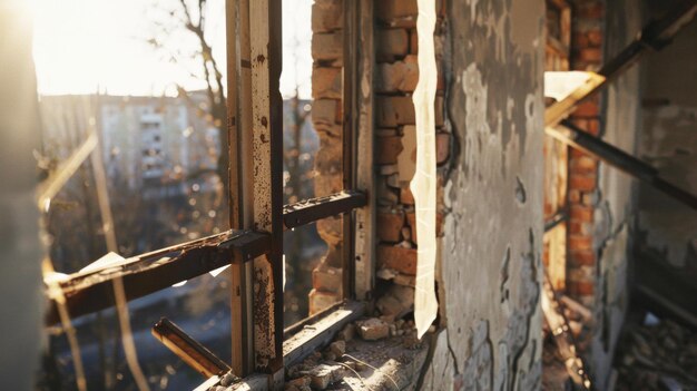 La luz de la hora dorada se filtra a través de un marco de ventana en ruinas invocando una belleza serena pero inquietante