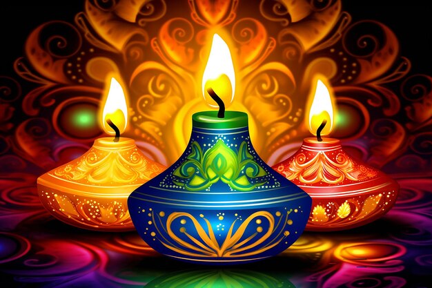 Luz con lámpara de aceite colorida ilustración de fondo Diwali