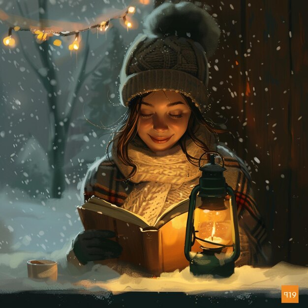 Foto luz de la lámpara luz cálida café lectura de libros invierno afuera niña generada por ia foto