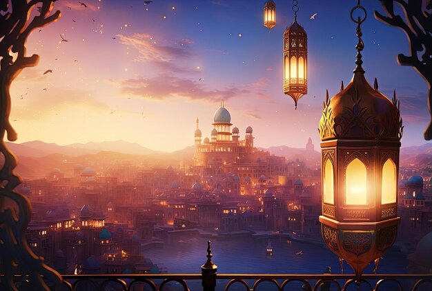 la luz de una linterna al aire libre domina una mezquita en el estilo de la ilustración de fantasía