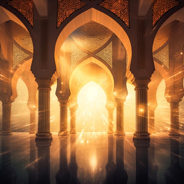 La luz de la luna brilla a través de la ventana en el fondo islámico