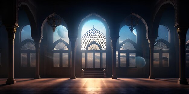 La luz de la luna brilla a través de la ventana en el interior de la mezquita islámica