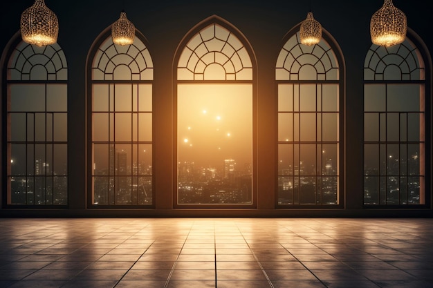 La luz de la luna brilla a través de la ventana en el interior de la mezquita islámica