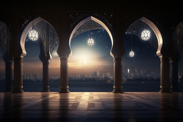 la luz de la luna brilla a través de la ventana en el interior de la mezquita islámica