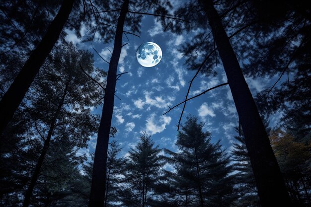La luz de la luna filtrándose a través del dosel de un bosque