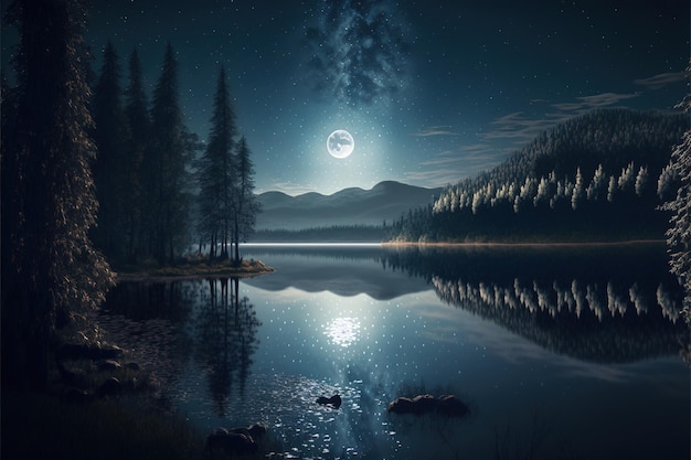 luz de la luna en el lago luna brillante en la noche bosques estrellas brillando