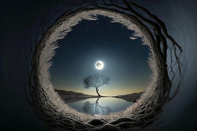 Luz de la luna en la noche en la hermosa fantasía irreal paisaje surrealista centro planta circular luna y árbol