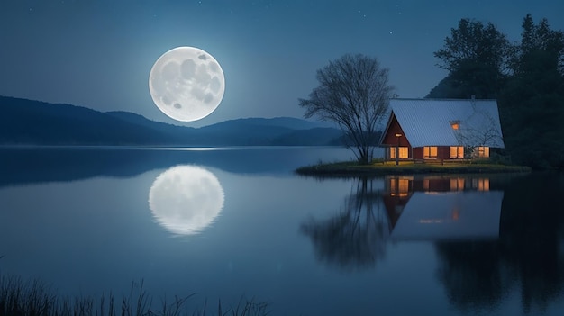 La luz de la luna se refleja en el agua del lago y en una pequeña casa nebulosa en el lago