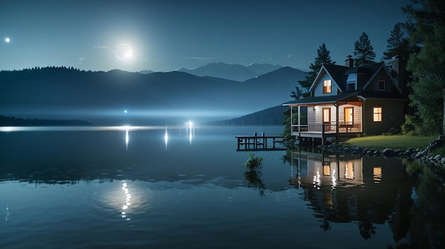 La luz de la luna se refleja en el agua del lago y en una pequeña casa nebulosa en el lago