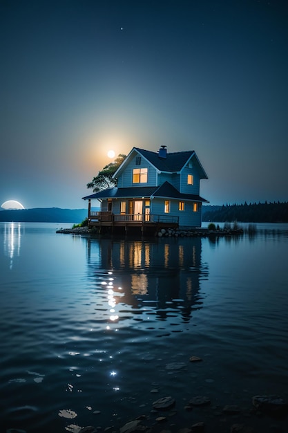 La luz de la luna se refleja en el agua del lago y en una pequeña casa nebulosa en el lago