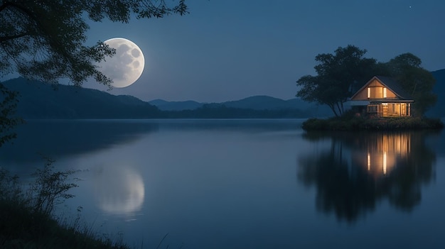 La luz de la luna se refleja en el agua del lago y en una pequeña casa nebulosa en el lago