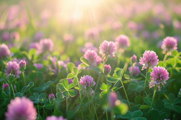 La luz de la mañana ilumina el prado de flores silvestres de trébol creando una escena suave y pintoresca