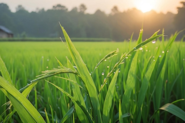 Luz de la mañana en la oreja de arroz Luz de la mañanas en el campo de arroz Oreja de arroz Gotas de agua en laoreja de arroz