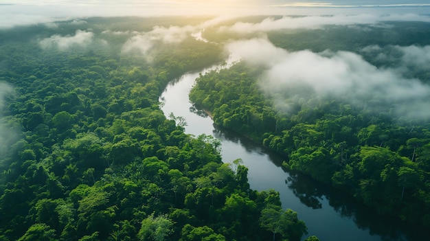 La luz de la mañana se rompe sobre una exuberante selva tropical con la niebla flotando sobre el sinuoso río en esta impresionante vista aérea de un vibrante ecosistema