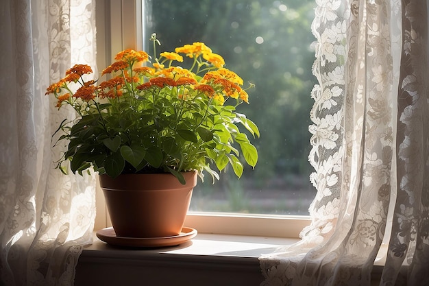 Luz matinal em vaso de flores por cortinas de renda